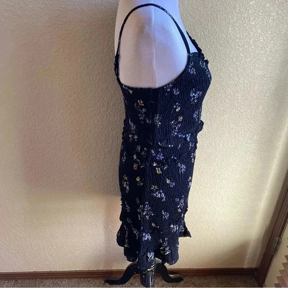 Abercrombie & Fitch Black Floral Mini Dress Smocked Bodice Tiered Ruffle: Large - Picture 3 of 10